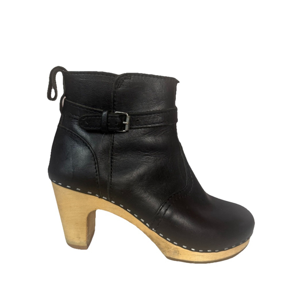 Swedish Hasbeens Jodhpur Toffel Wood Clog Black Leather Strap Boots - Picture 8 of 16